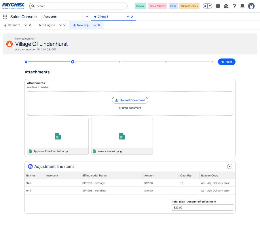 New adjustment step 2 — Select invoices.