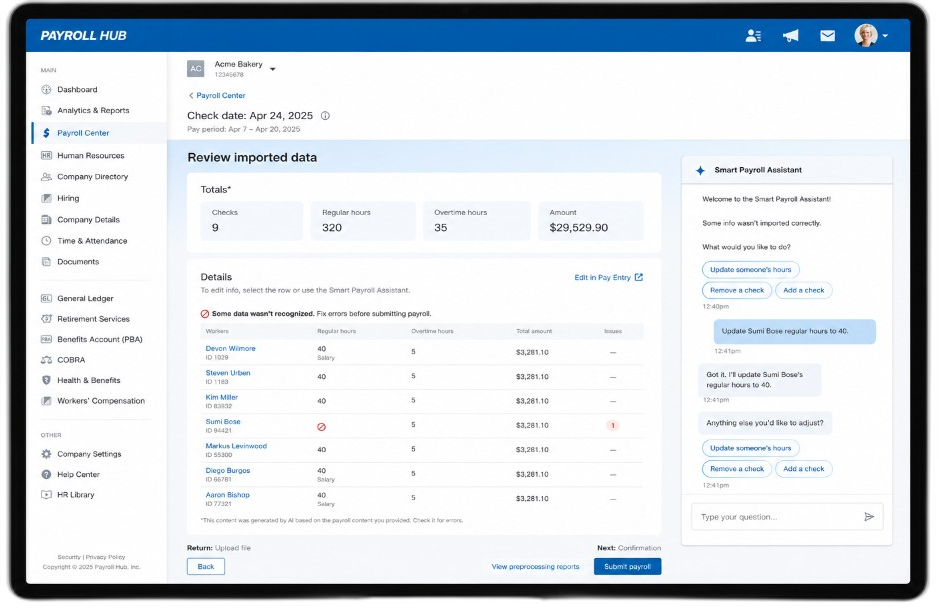 Payroll Hub review screen with Smart Payroll Assistant chat correcting imported hours
