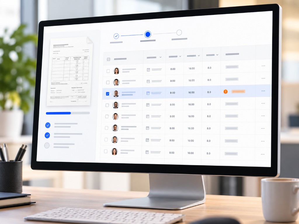 Monitor showing Intelligent Time Tracking payroll review — table of hours with verification steps and flagged entries