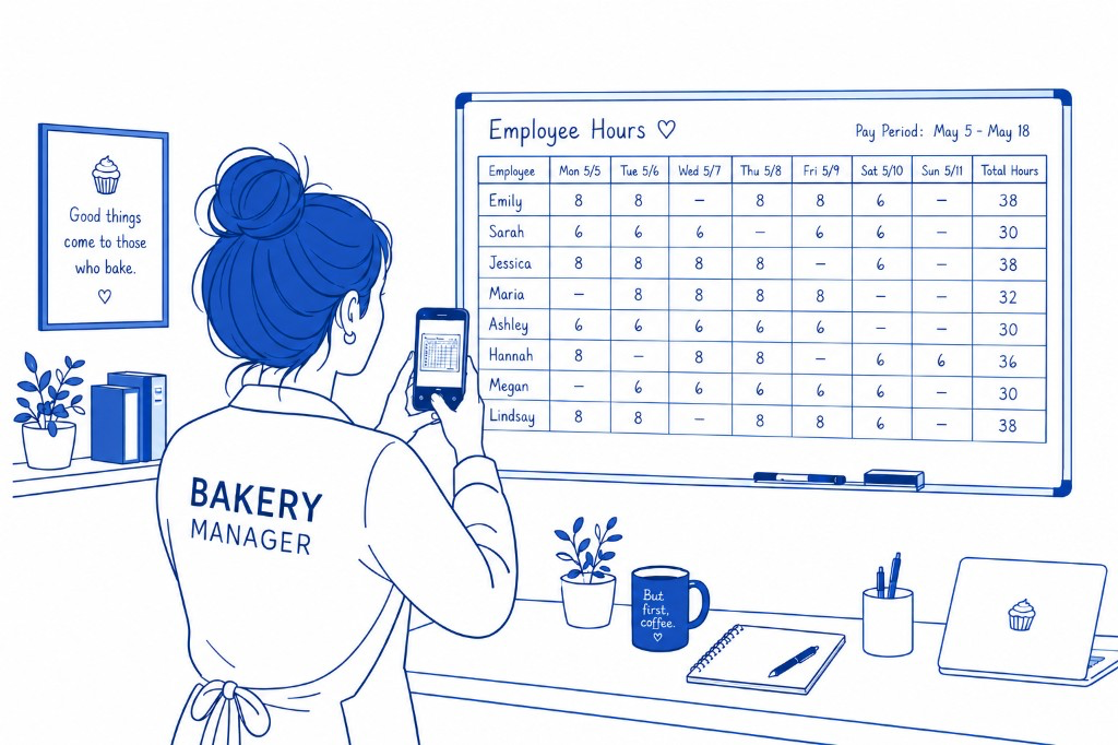 Step 1 — bakery manager photographing the employee hours whiteboard with her phone