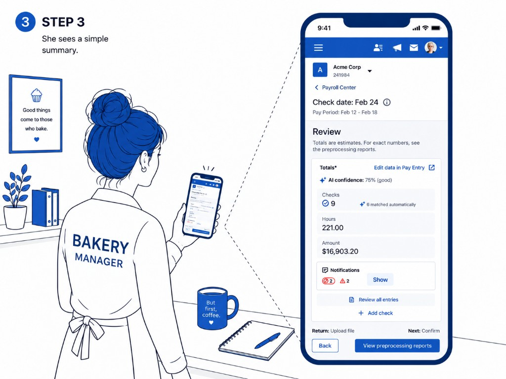 Step 3 — mobile payroll review showing 9 checks, 221 hours, $16,903.20 total, and 75% AI confidence