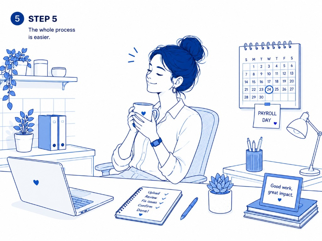 Step 5 — manager at her desk with payroll checklist complete and payroll day marked on the calendar