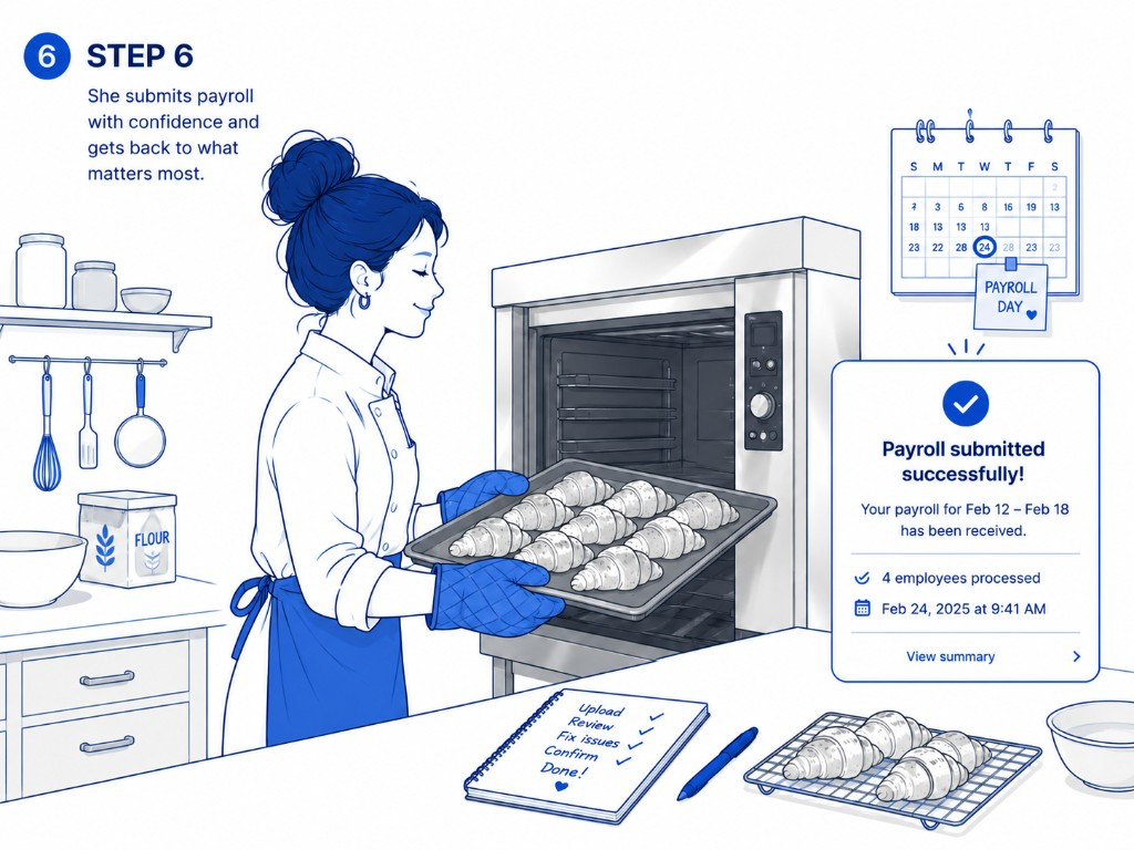 Step 6 — payroll submitted successfully for Feb 12–18; manager back in the kitchen baking croissants