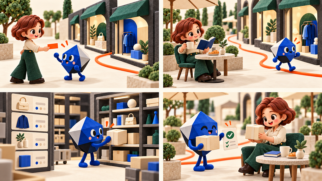 Editorial illustration for agent-led commerce outside the product UI